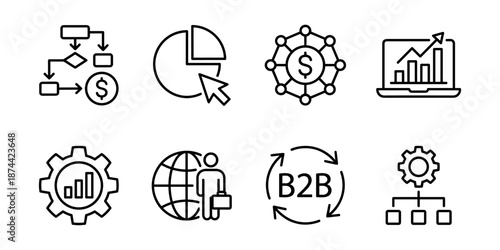 Business analytics line icons set, conversion funnel, revenue growth, market segmentation, b2b sales