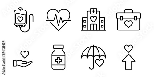 Medical aid and health support line icons set