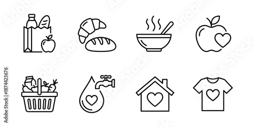 Basic needs and humanitarian aid line icons set