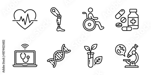 Medical technology and biotech research line icons set, assistive care pharmacy genetics