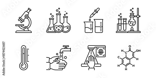 Laboratory equipment and safety hygiene line icons set, chemistry glassware temperature
