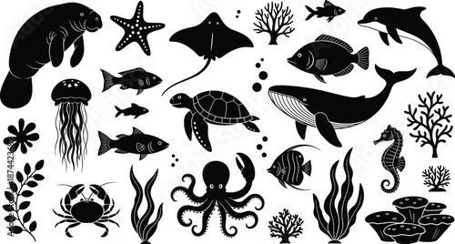 Marine life silhouette, ocean creatures, black and white illustration, underwater biodiversity, sea animals, coral reef, aquatic nature, biology reference, ecosystem design