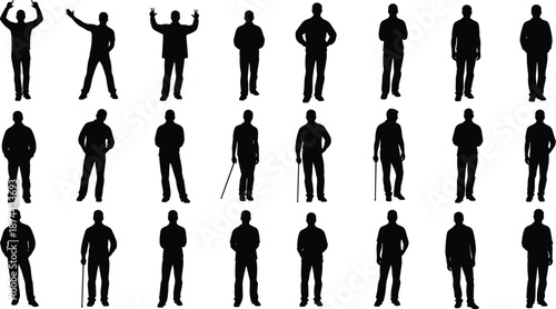 Collection of diverse human figure silhouettes in standing poses, various gestures, and accessibility stances for design, research, and illustration use