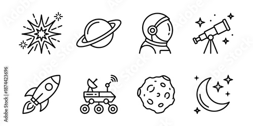 Space exploration and astronomy science line icons set, planets rocket rover moon