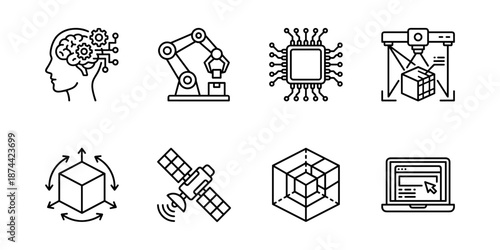 Artificial intelligence and robotic automation line icons set, microchip 3d modeling satellite