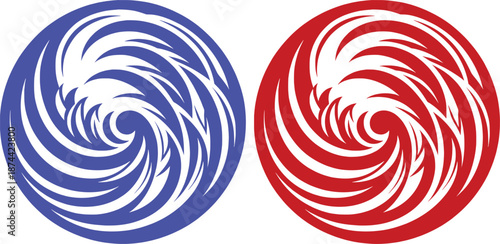 Abstract Red and Blue Swirl Vortex Vectors with Tribal Sharp Edge Details
