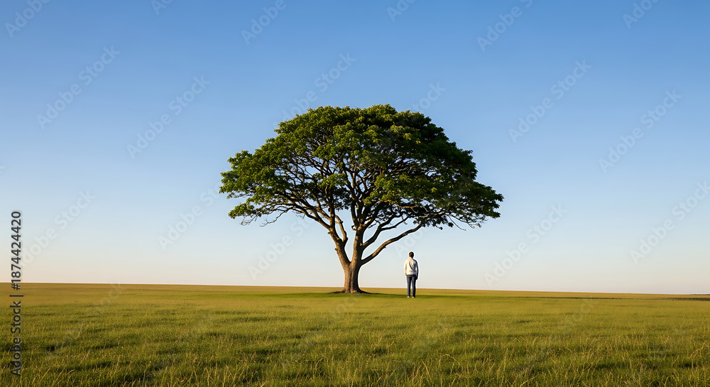 Obraz premium A lone individual finds a moment of serene contemplation standing next to a magnificent, vibrant green tree, its branches reaching towards a vast, clear blue sky above an expansive, golden-green field
