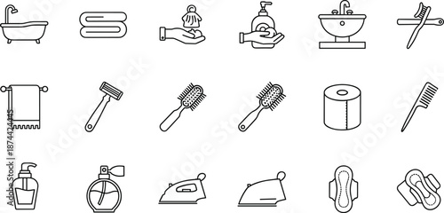 Vector illustration of bathroom hygiene icon collection with soap, towel, toothbrush, razor, sink, sanitary pad, and grooming tool design