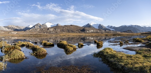 Glaciated mountain peaks reflected in a mountain lake at sunset, Arabel Lake at Arabel Pass, Issyk Kul Province, Kyrgyzstan