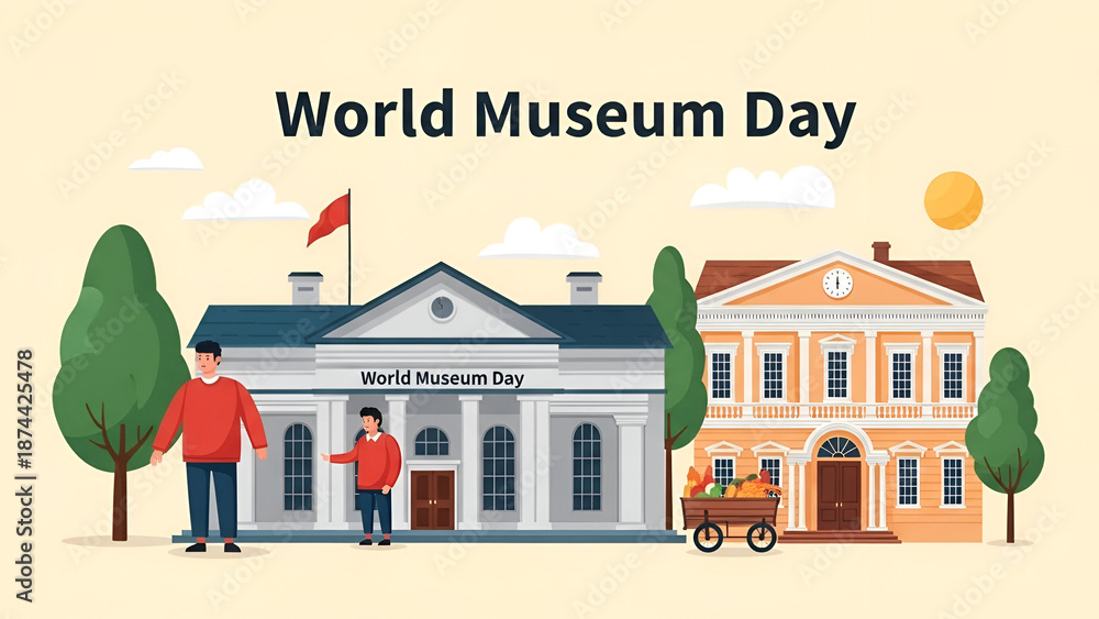 Fototapeta premium World Museum Day illustration with buildings and people