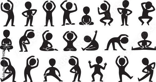Playful Human Silhouette Stretching Pose Set, Flat Vector People Icons for Warm Up, Body Movement, Fitness Routine and Healthy Lifestyle Design