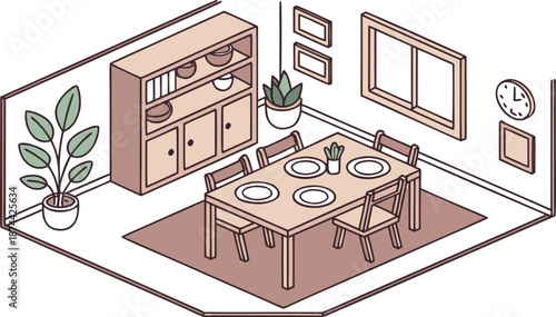 Isometric dining room. Dining room interior. Isometric dining room vector illustration featuring a wooden dining table set for four, with plates and placemats, surrounded by matching wooden chairs. 
