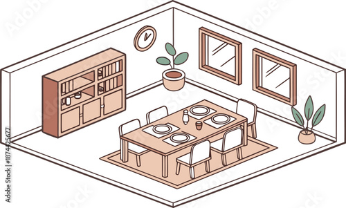 Isometric dining room. Dining room interior. Isometric dining room vector illustration featuring a wooden dining table set for four, with plates and placemats, surrounded by matching wooden chairs. 