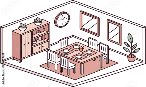 Isometric dining room. Dining room interior. Isometric dining room vector illustration featuring a wooden dining table set for four, with plates and placemats, surrounded by matching wooden chairs. 
