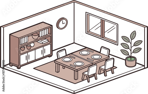 Isometric dining room. Dining room interior. Isometric dining room vector illustration featuring a wooden dining table set for four, with plates and placemats, surrounded by matching wooden chairs. 