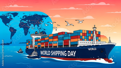 World Shipping Day cargo ship illustration