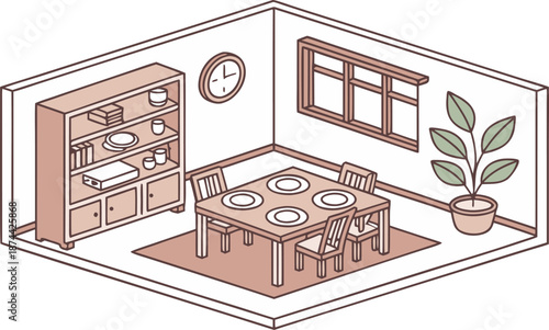Isometric dining room. Dining room interior. Isometric dining room vector illustration featuring a wooden dining table set for four, with plates and placemats, surrounded by matching wooden chairs. 
