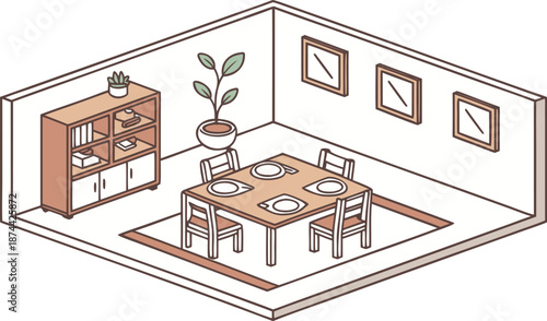 Isometric dining room. Dining room interior. Isometric dining room vector illustration featuring a wooden dining table set for four, with plates and placemats, surrounded by matching wooden chairs. 