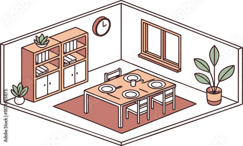 Isometric dining room. Dining room interior. Isometric dining room vector illustration featuring a wooden dining table set for four, with plates and placemats, surrounded by matching wooden chairs. 