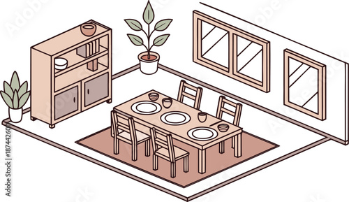 Isometric dining room. Dining room interior. Isometric dining room vector illustration featuring a wooden dining table set for four, with plates and placemats, surrounded by matching wooden chairs. 