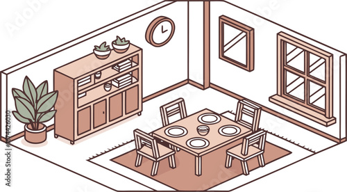 Isometric dining room. Dining room interior. Isometric dining room vector illustration featuring a wooden dining table set for four, with plates and placemats, surrounded by matching wooden chairs. 