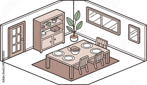 Isometric dining room. Dining room interior. Isometric dining room vector illustration featuring a wooden dining table set for four, with plates and placemats, surrounded by matching wooden chairs. 