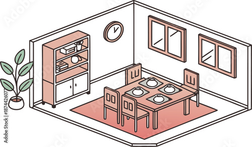 Isometric dining room. Dining room interior. Isometric dining room vector illustration featuring a wooden dining table set for four, with plates and placemats, surrounded by matching wooden chairs. 