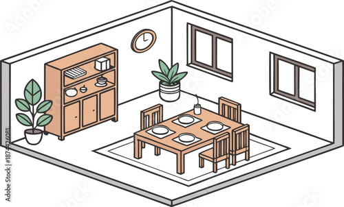 Isometric dining room. Dining room interior. Isometric dining room vector illustration featuring a wooden dining table set for four, with plates and placemats, surrounded by matching wooden chairs. 