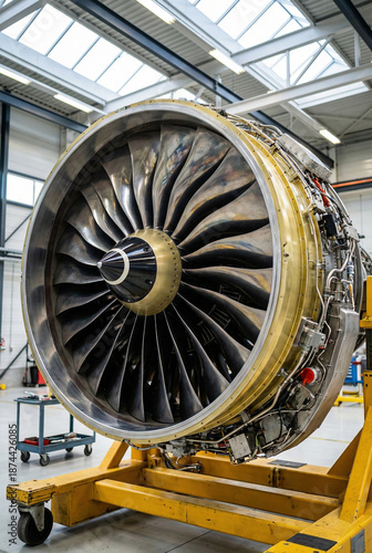 Close-Up of Aircraft Jet Engine Mounted on Yellow Frame Inside Industrial Maintenance Hangar