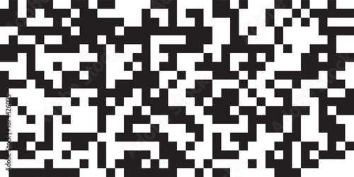 QR code abstract seamless pattern with black and white chaotic squares. Bw bg with matrix of encoded message or binary code for scanning by computer or smartphone. Vector monochrome tech background