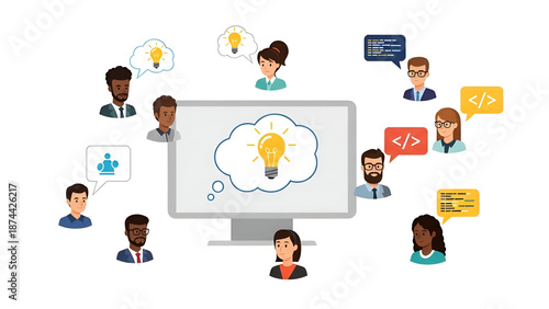 Flat design illustration of diverse people brainstorming around computer