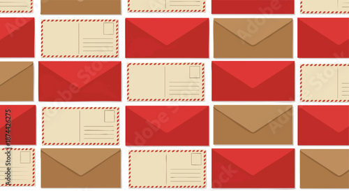 A Repeating Pattern of Classic Red and Brown Envelopes and Postcards Displayed in an Organized Grid Layout Perfect for Correspondence Themes