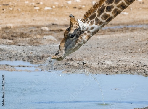 Angolan giraffe (Giraffa giraffa angolensis) drinking, with upturned lip, funny, animal portrait, Etosha National Park, Namibia