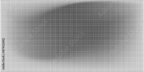 A black and white abstract image featuring a dense halftone dot pattern that transitions from solid black to white.