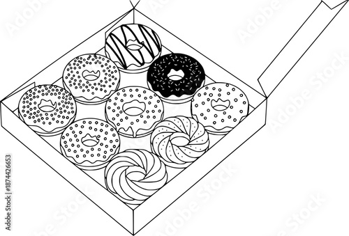 Box of Assorted Donuts Minimalist Line Art Vector
