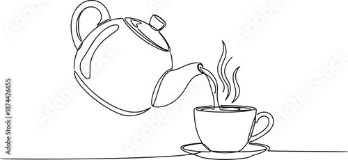 Tea Pot and Cup Steaming Continuous Line Flat Vector

