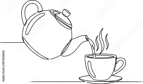 Tea Pot and Cup Steaming Continuous Line Flat Vector
