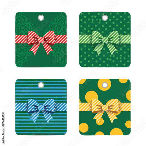 Four festive gift tags with intricate patterns and colorful ribbons adorned with bows ready for holiday gifting presentations and promotions