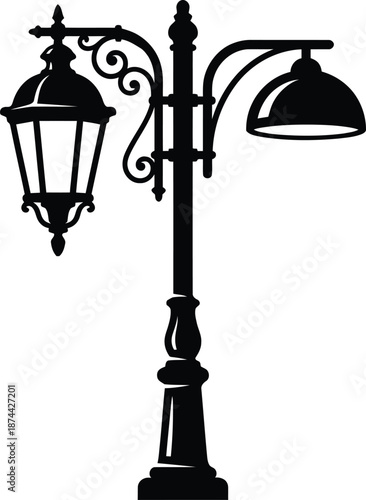Street Lamp Post Silhouette Vector – Dual Head Black and White Urban Light Design