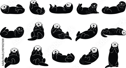 Sea otter silhouette, marine mammal, black and white illustration, playful animal poses, aquatic nature, wildlife icon, biology reference, coastal design, cute character
