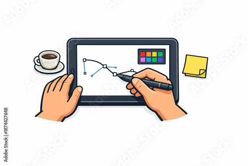 Tablet design workflow with stylus drawing bezier curve on screen