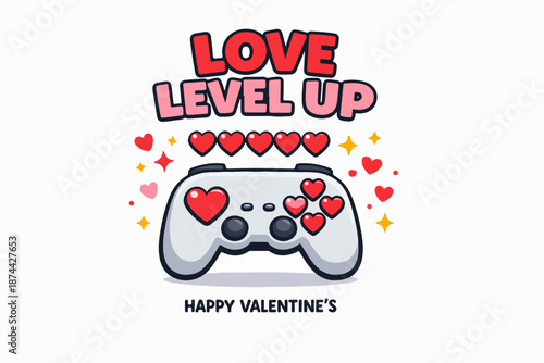 Love level up Valentine gaming sticker with cute gamepad and hearts
