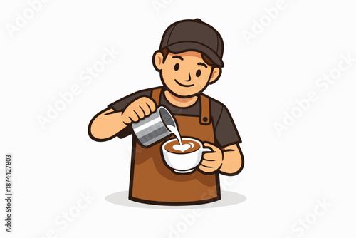Barista pouring milk making latte art cute vector illustration