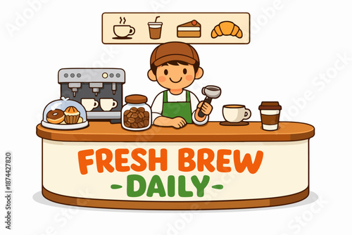 Coffee shop badge with barista serving fresh brew daily, cute cartoon sticker