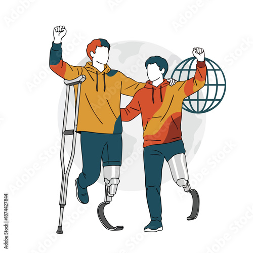 Individuals with prosthetic legs embracing friendship and triumph set against a world map for an inspirational design concept