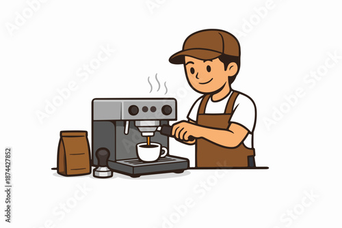 Cute barista making espresso with coffee machine vector illustration