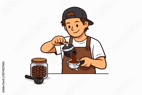 Barista measuring coffee grounds for espresso preparation vector illustration