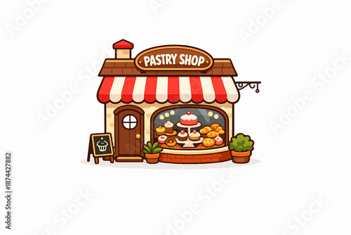Cute pastry shop storefront with dessert window vector illustration