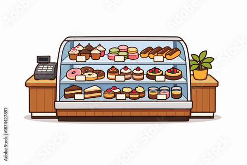 Bakery display case with cakes and pastries vector illustration