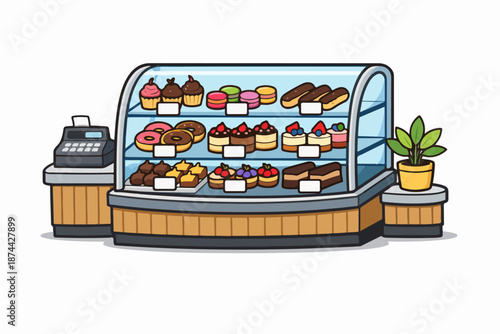 Dessert display case with pastries and cakes vector illustration
